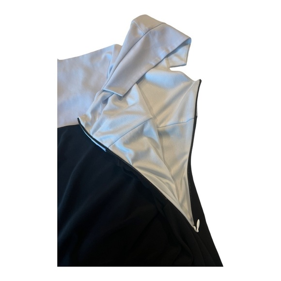 Joseph Ribkoff Slanted Neckline White Black Sheath Ruched Stretch Dress Size 12 - Picture 13 of 15